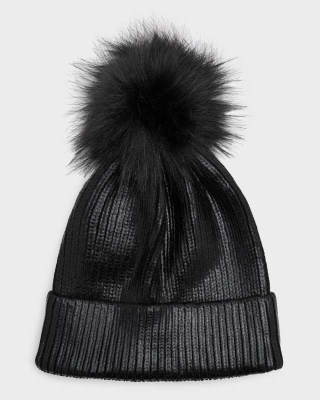 Metallic Beanie With Faux Fur Pom